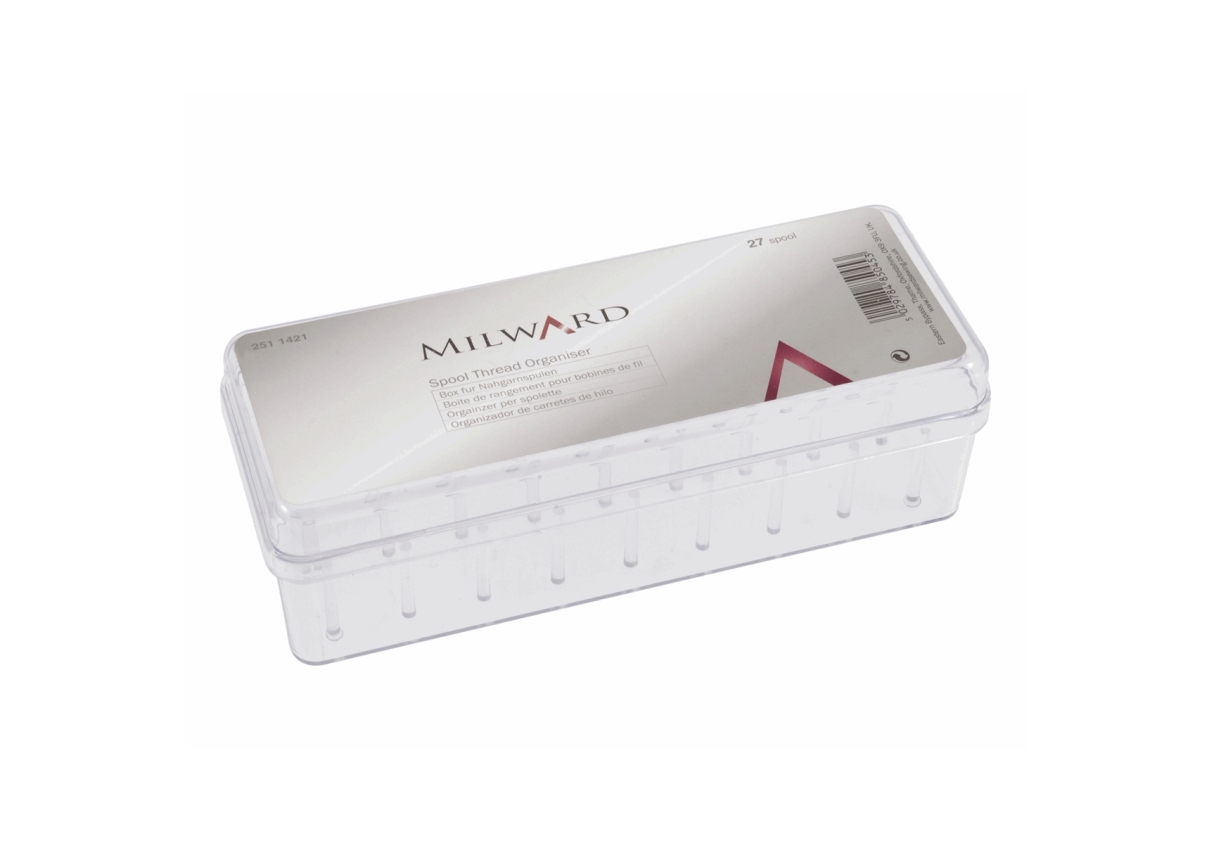 Boîte de rangement transparente Milward pour 27 bobines de fil de couture, organisant et protégeant le matériel.