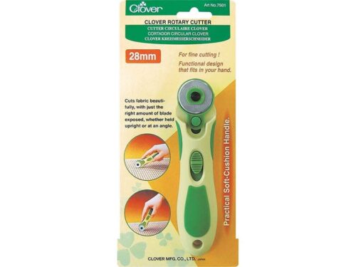 Cutter rotatif CLOVER 28mm avec manche ergonomique, lame exposée, pour découpe précise de tissu et patchwork.