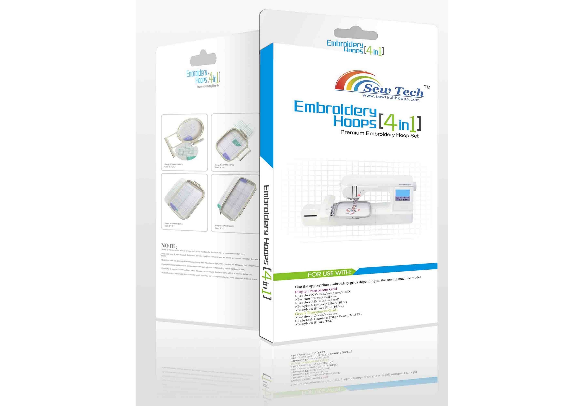 Photo du pack de 4 cadres à broder Sew Tech avec les différentes tailles (2x6, 10x10, 13x18, 13x30 cm) disposés côte à côte.