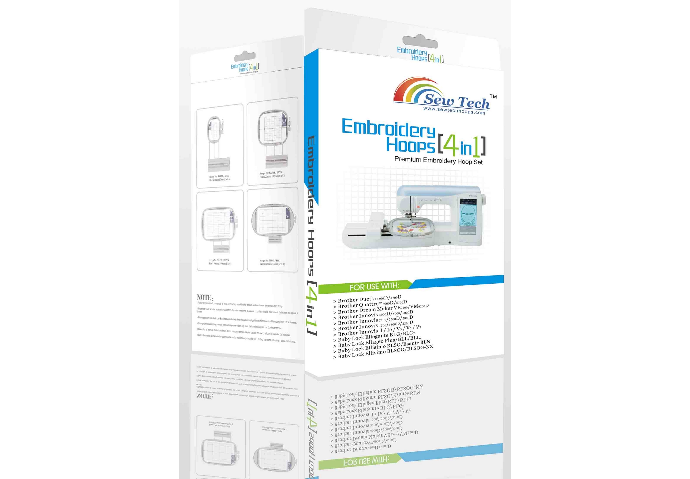 Photo du pack de 4 cadres à broder Sew Tech de tailles variées pour machines à broder Brother (2x6, 10x10, 13x18, 16x26 cm)