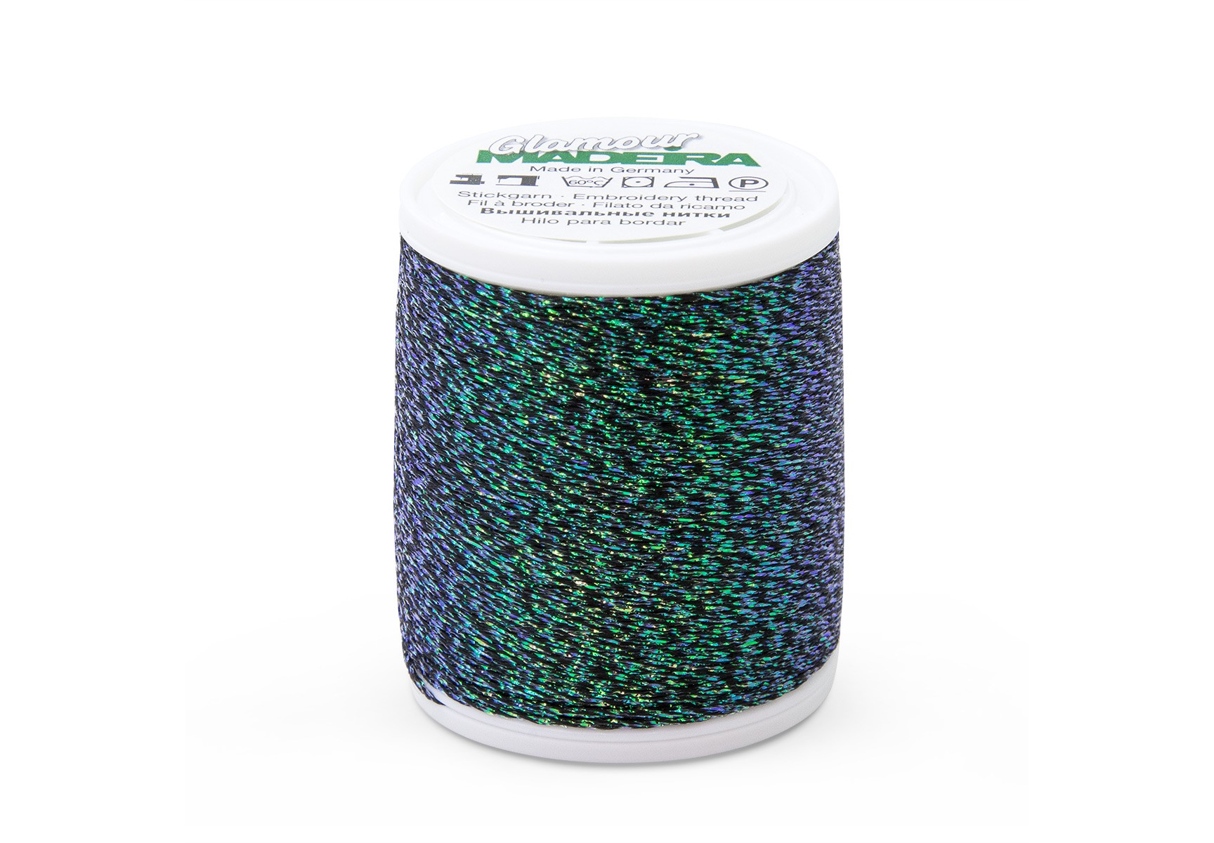 Bobine de fil décoratif métallisé Madeira Glamour 8, taille 8, 100m, pour surjeteuse.