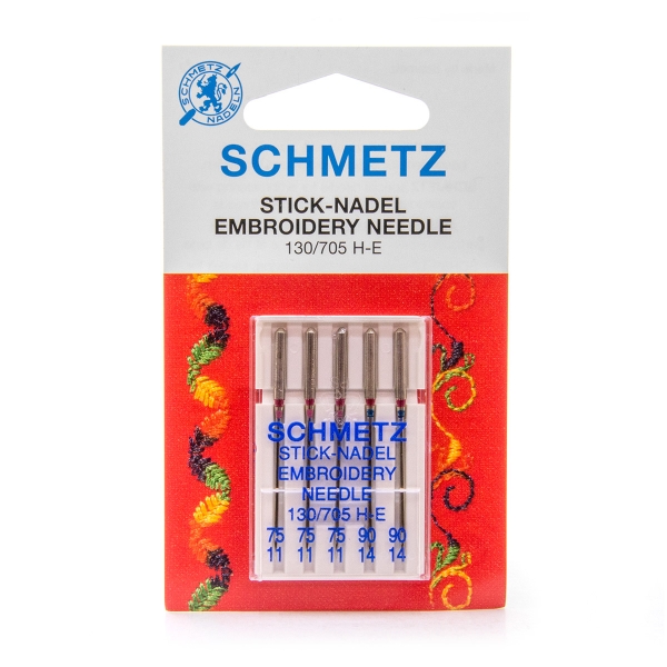 Paquet de 5 aiguilles Broderie SCHMETZ assorties pour machine à coudre et broder, tailles 75 à 90.