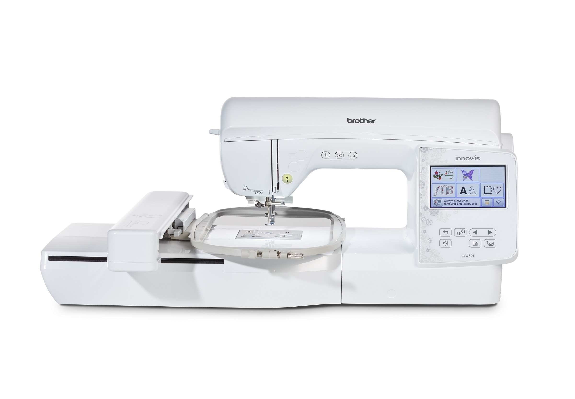Machine à broder Brother Innov-Is 880E Image de la machine à broder Brother Innov-Is 880E montrant l'écran tactile couleur et la zone de travail.