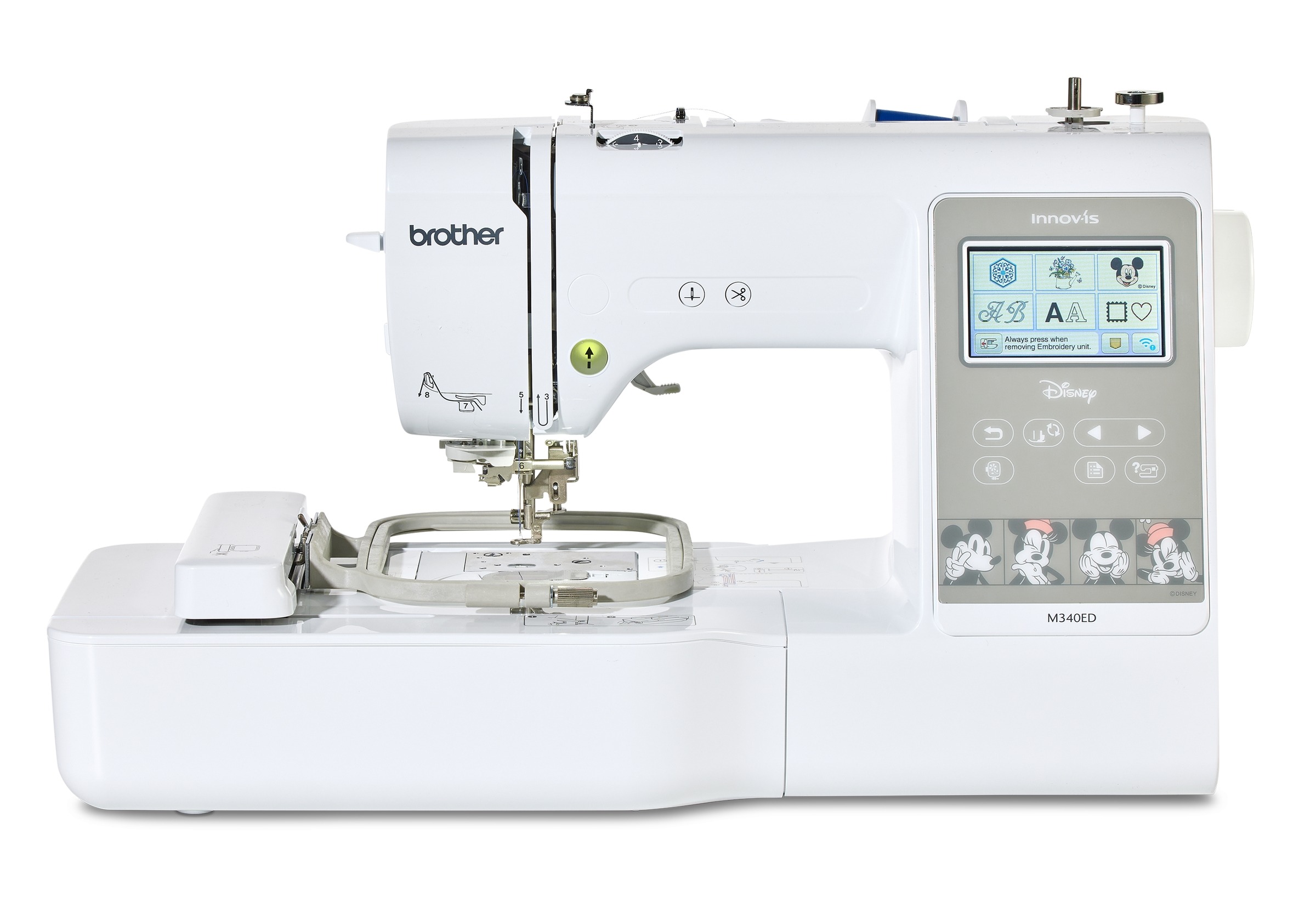 Brother Innov-Is M340ED Disney - Machine à broder avec motifs exclusifs Machine à broder Brother Innov-Is M340ED Disney, blanche, écran tactile couleur, capot rose pâle, motifs Disney.