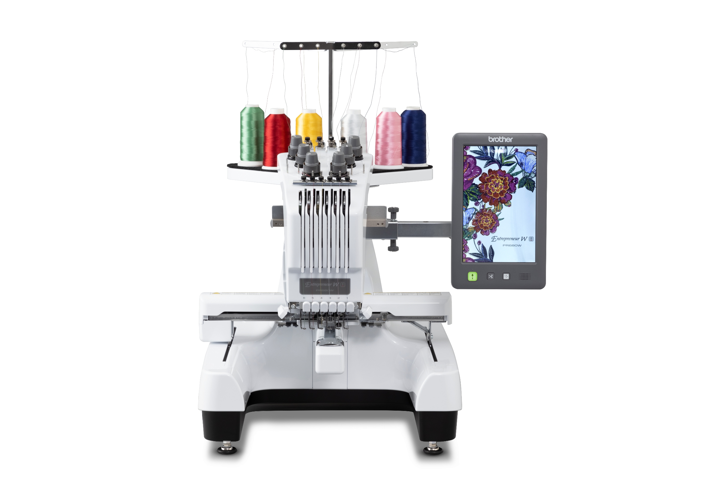 Machine à broder Brother PR1060W multi-aiguilles, vue de face avec écran tactile couleur affichant un motif de broderie.