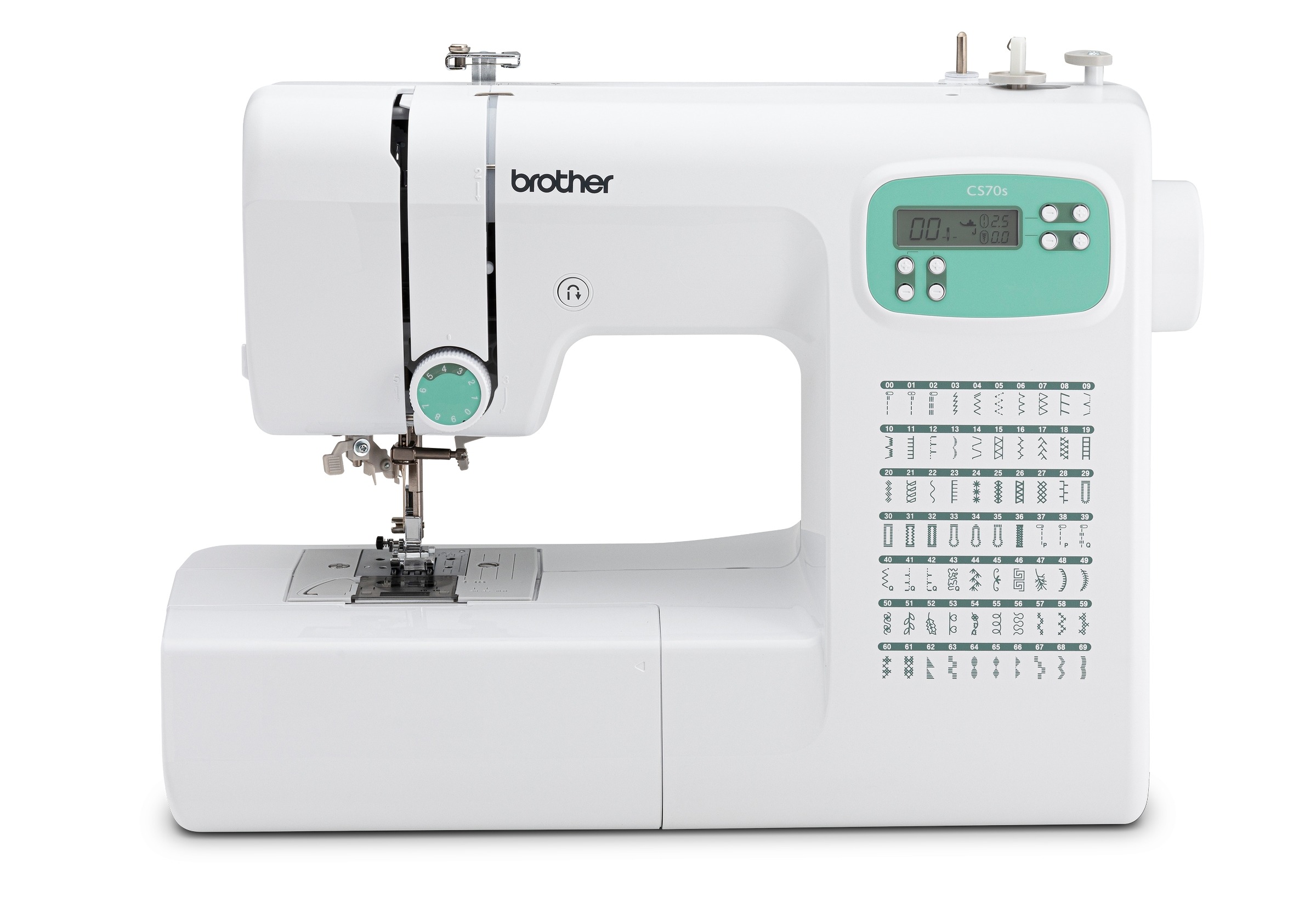 Machine à coudre électronique Brother CS70s blanche pour débutants, vue de face et prête à coudre.