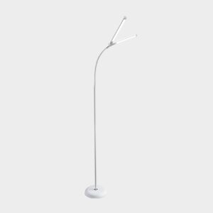 Lampe DAYLIGHT DuoLamp sur pied blanche avec double tête LED et bras flexible, parfaite pour un éclairage précis du plan de travail.
