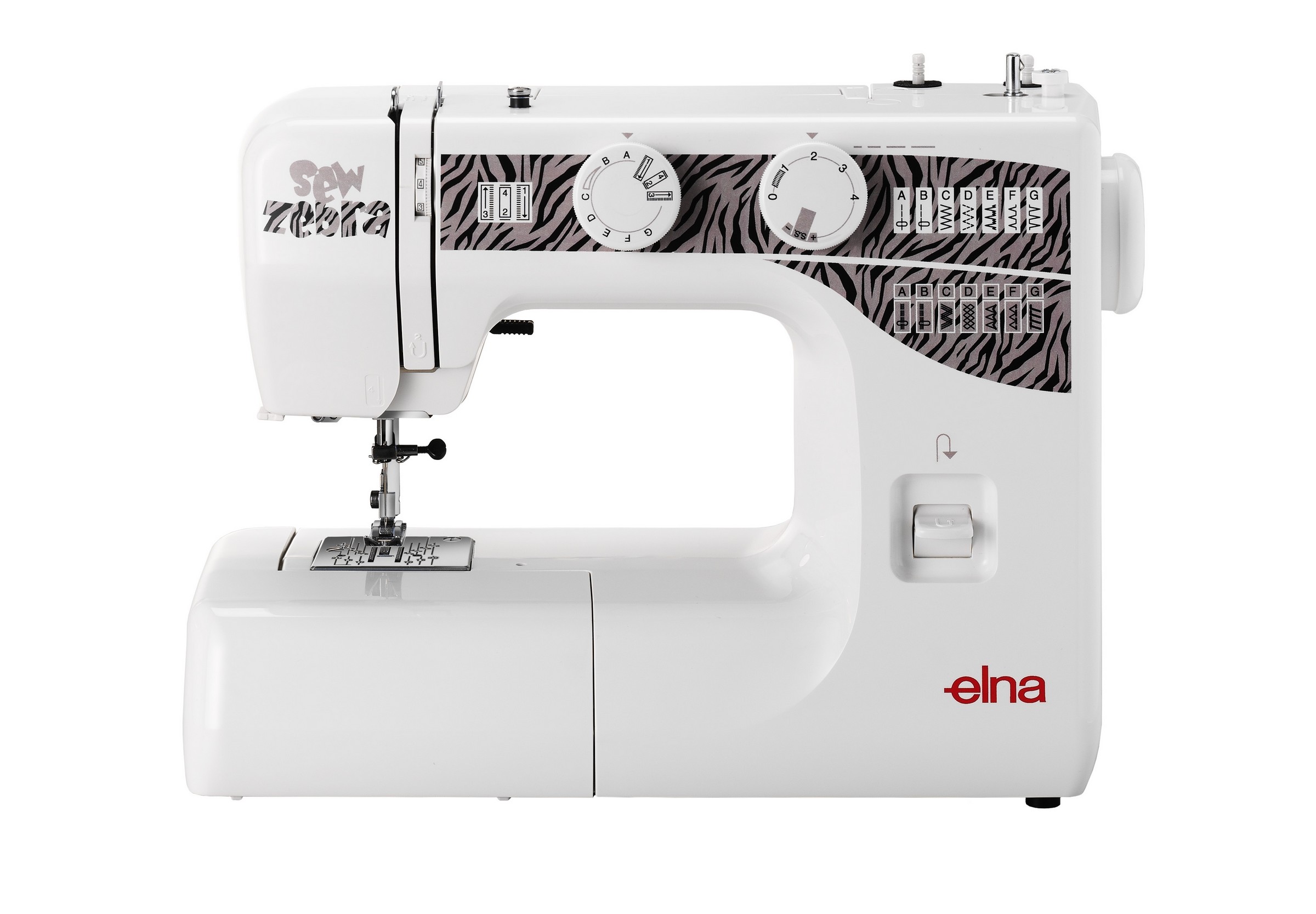 Machine à coudre ELNA Sew Zebra Machine à coudre mécanique ELNA Sew Zebra vue de face, parfaite pour débuter la couture facilement.
