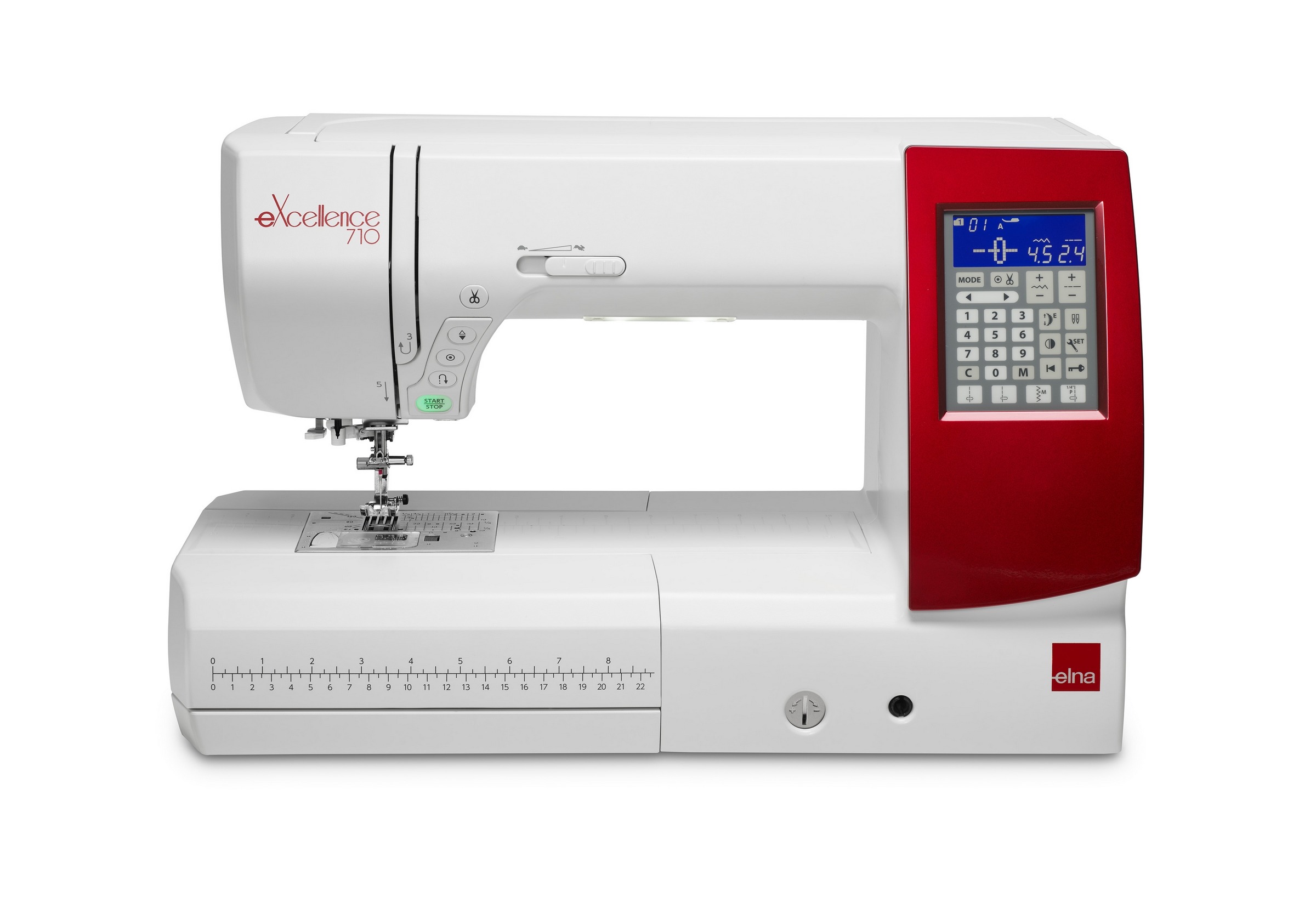 Machine à coudre électronique Elna eXcellence 710 pour couture intensive Machine à coudre électronique ELNA eXcellence 710 blanche avec système double entraînement Dual Feed et grand espace de couture.