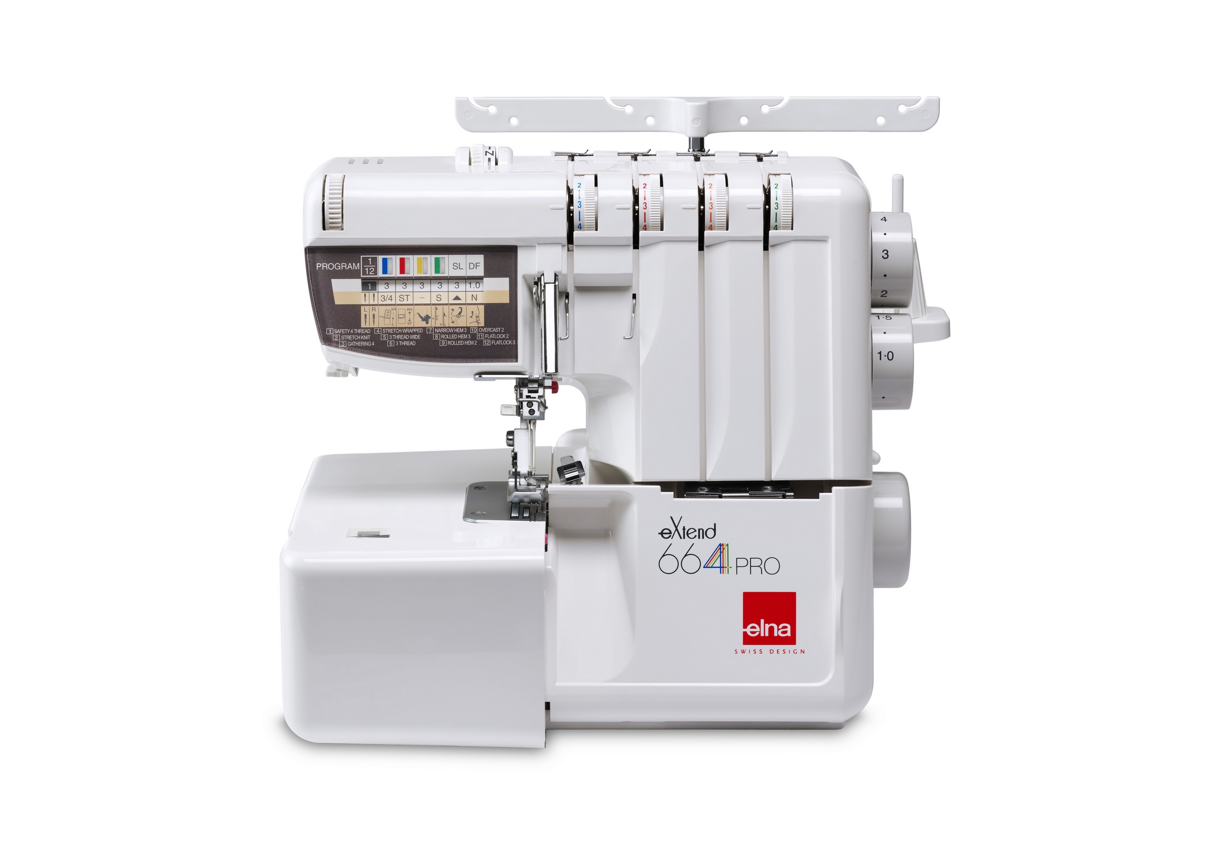 ELNA 864air : Surjeteuse innovante avec enfilage à air pulsé Surjeteuse ELNA 864air blanche avec enfilage à air pulsé, vue de face, prête à l'emploi sur un plan de travail.