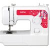 Machine à coudre Brother KD144S Little Angel blanche et rose, vue de face, avec son protège-doigts installé, parfaite pour ado.