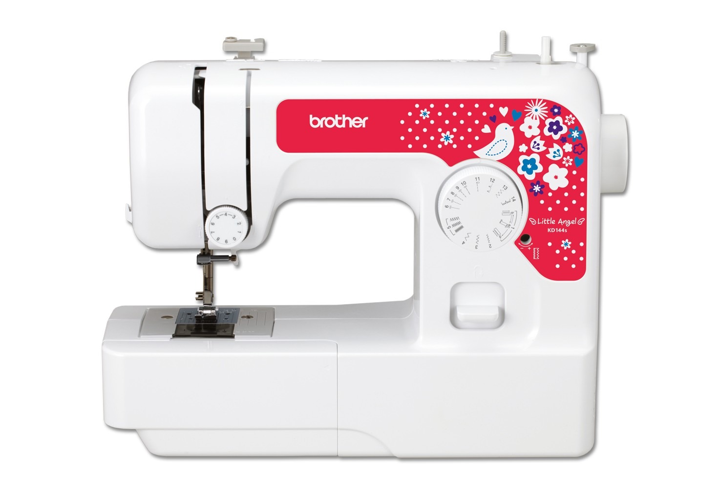 Machine à coudre Brother KD144S Little Angel blanche et rose, vue de face, avec son protège-doigts installé, parfaite pour ado.