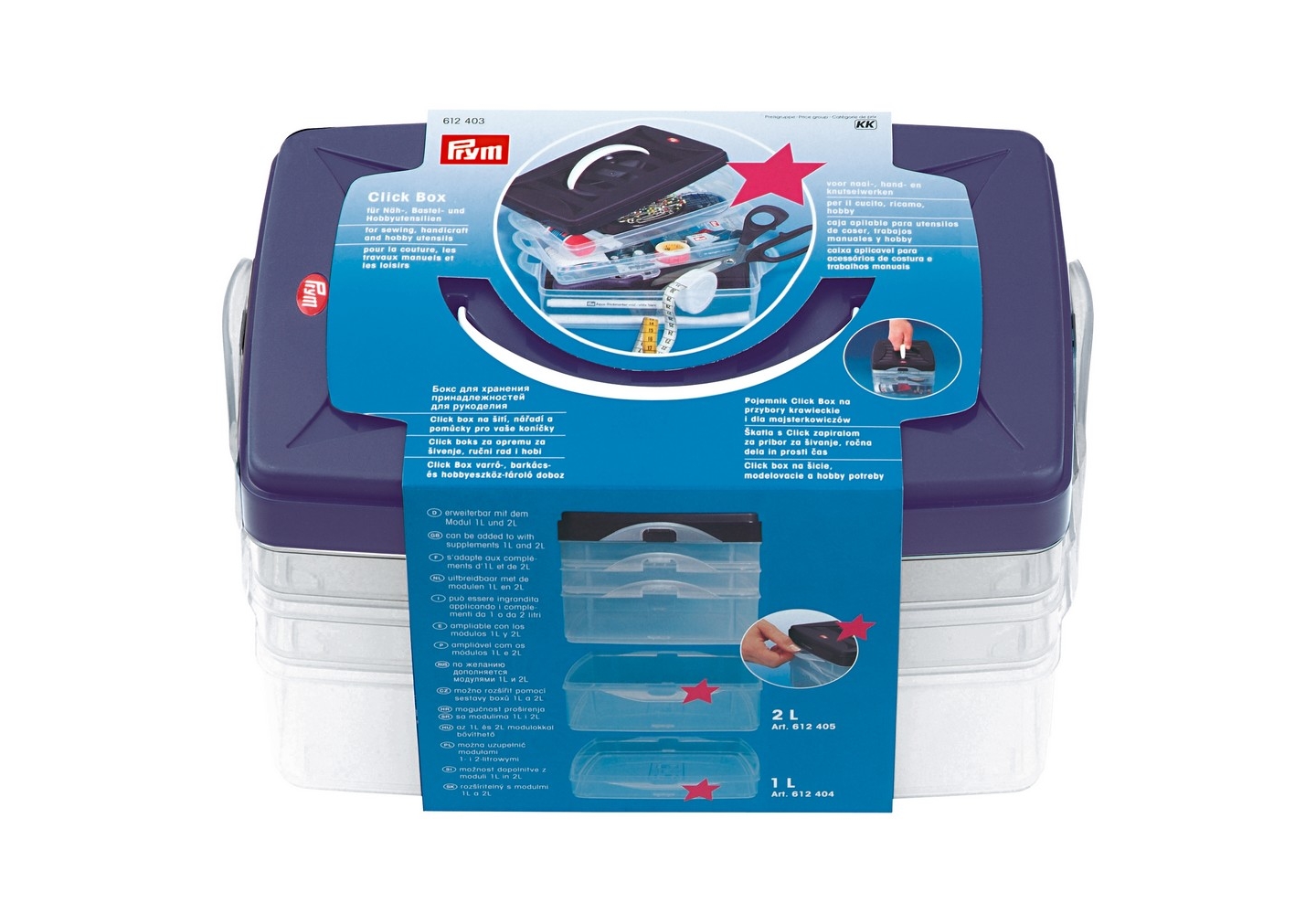 Boîte de rangement modulable Prym Click Box transparente avec couvercles violets, remplie d'accessoires de couture.