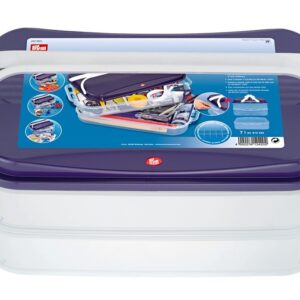 Click Box Jumbo PRYM : Organisation Modulaire pour Couture et Loisirs Créatifs Boîte de rangement Click Box Jumbo PRYM transparente avec couvercle violet, modules clipsables pour couture et loisirs.