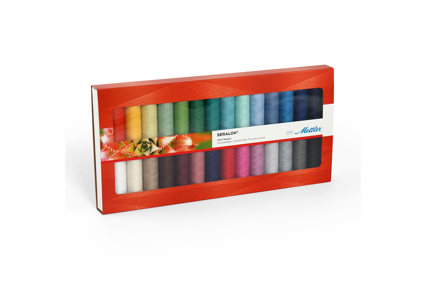Coffret Mettler Seralon avec 28 bobines de fil à coudre polyester multicolore 200m.