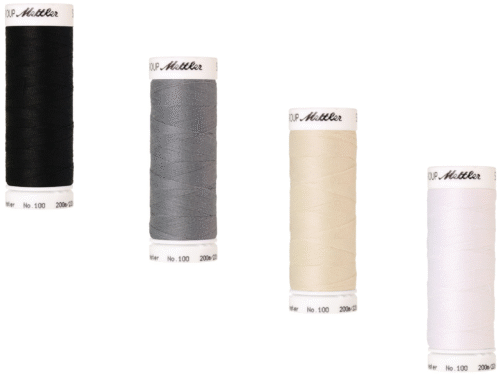 Bobines de fils Mettler Seralon 200m en couleurs blanc, écru, gris et noir, prêtes pour la couture.