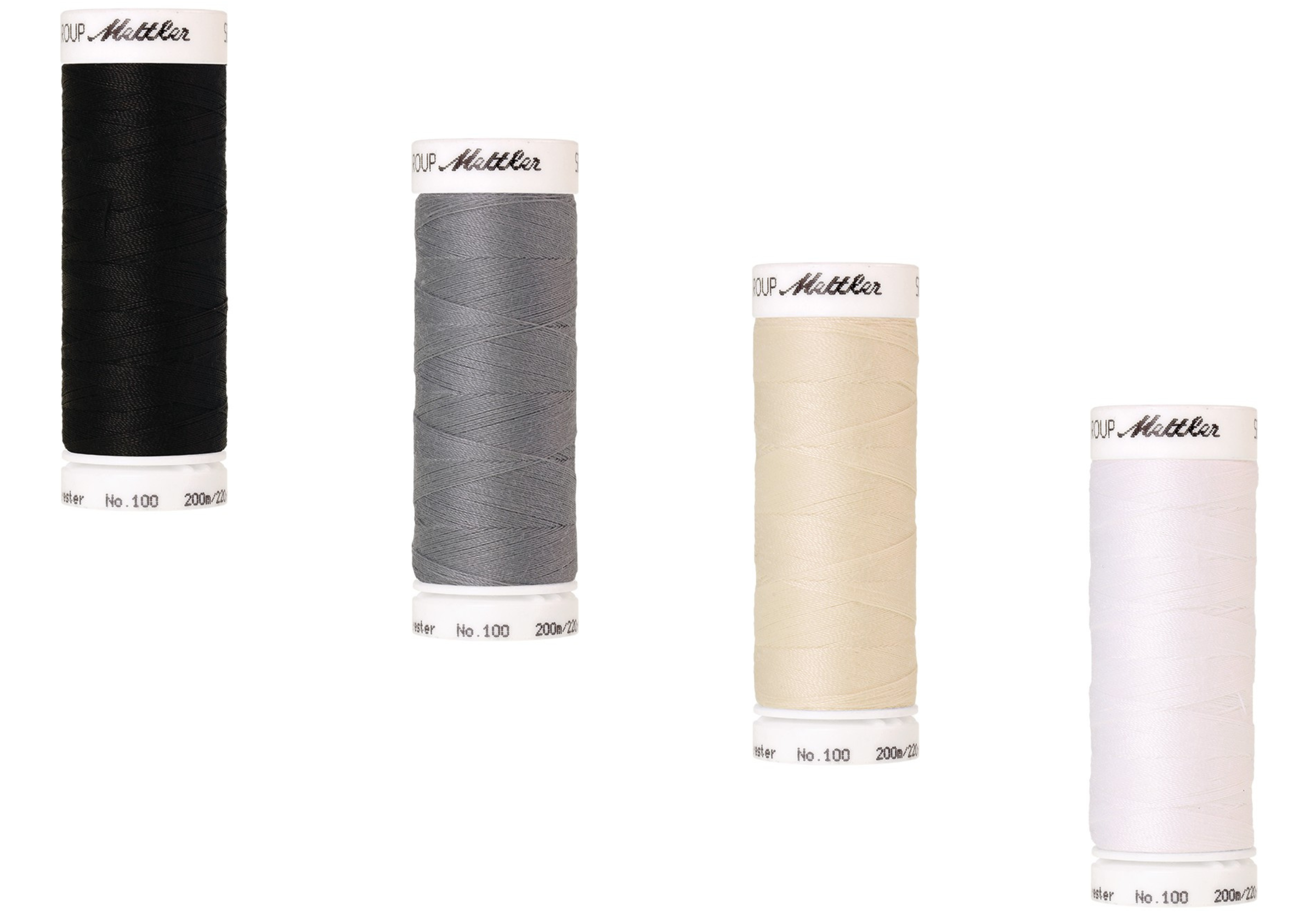 Fils Mettler Seralon 200m - Couleurs essentielles pour couture Bobines de fils Mettler Seralon 200m en couleurs blanc, écru, gris et noir, prêtes pour la couture.