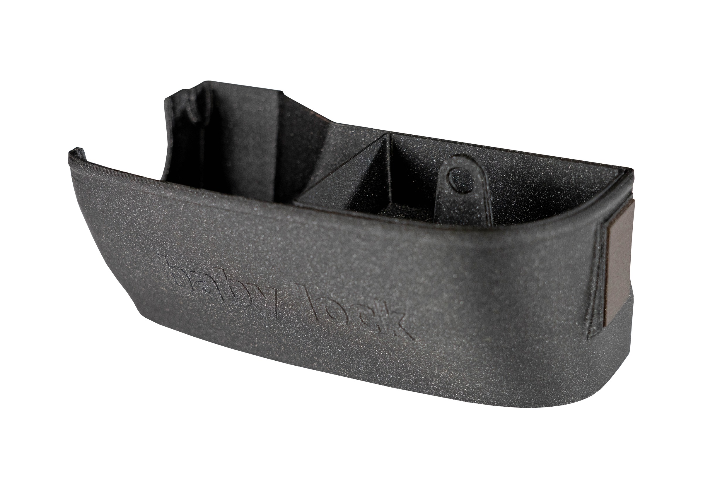 Bac Déchets Baby Lock Victory Bac récupérateur de déchets noir pailleté Baby Lock Victory fixé sur la surjeteuse, montrant le compartiment de rangement et l'aimant.