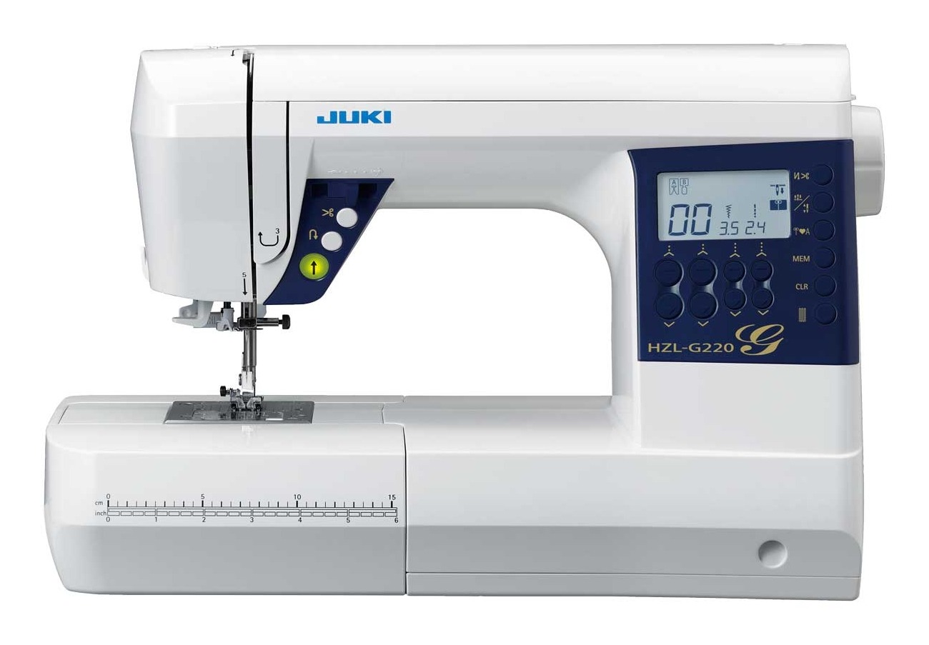 JUKI HZL G220 - Machine à coudre électronique pour usage régulier Machine à coudre électronique JUKI HZL G220 vue de face avec ses accessoires inclus