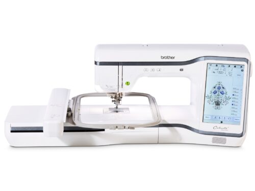 Machine à broder Brother Celeste CX1e avec écran tactile et broderie en cours, vue de face, sur un fond clair.