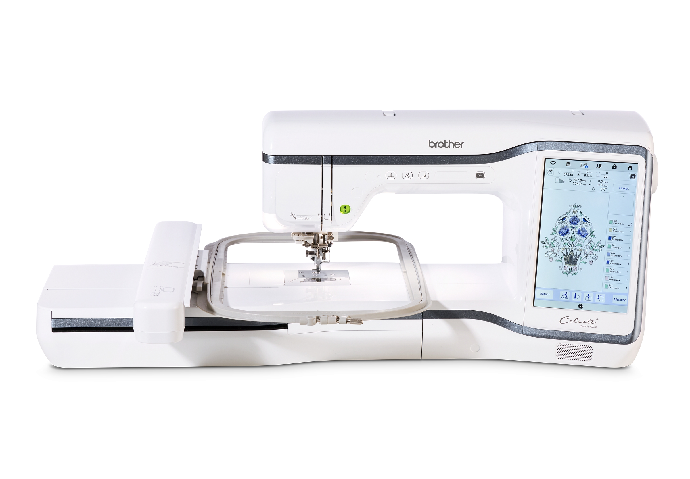 Machine à broder Brother Celeste CX1e avec écran tactile et broderie en cours, vue de face, sur un fond clair.